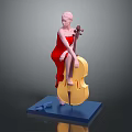 Elegant Sculpture Of Female Figure In Red Dress Sitting On Cello With Blue Base