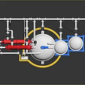 Industrial Process Equipment With White Tanks Red Mechanical Arm Blue Frames And Piping System