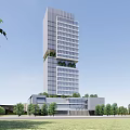 Modern High Rise Office Building With Glass Curtain Wall And Greenery Surrounding Trees And Lawn