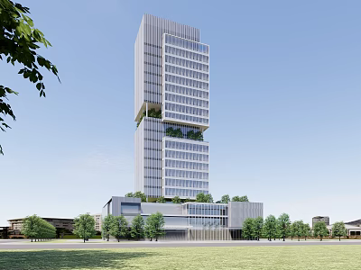 Modern High Rise Office Building With Glass Curtain Wall And Greenery Surrounding Trees And Lawn 3d model