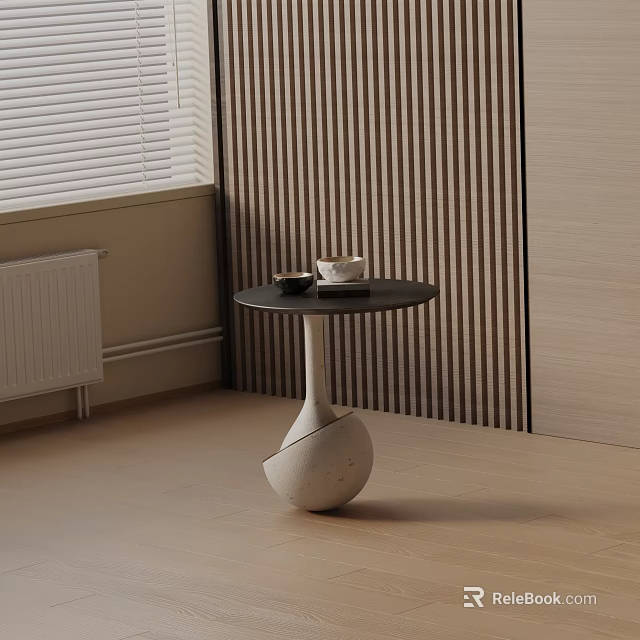 Modern Bedside Table with Vertical Striped Wall and Small Items on Top Light Wooden Floor 3d model