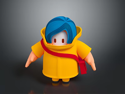 3D Cartoon Man With Blue Hair Wearing Yellow Raincoat And Red Shoulder Strap 3d model