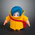 3D Cartoon Man With Blue Hair Wearing Yellow Raincoat And Red Shoulder Strap