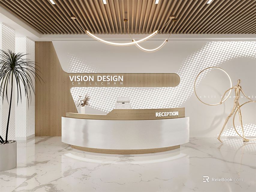 Modern Curved Reception Desk With Wooden Ceiling Curved Pendant Lights And Geometric Backdrop 3d model 