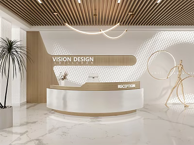 Modern Curved Reception Desk With Wooden Ceiling Curved Pendant Lights And Geometric Backdrop 3d model