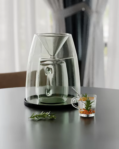 Glass Decorative Ornament Set with Small Mug and Rosemary for Table Decoration 3d model