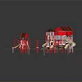 Red Playground Structures With Slides Swings Sand Area And Climbing Features