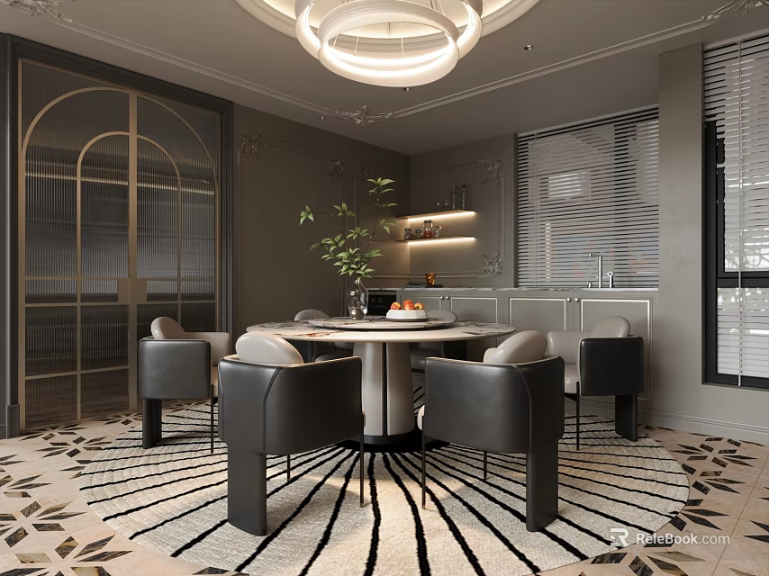 Modern Restaurant Interior With Round Dining Table Gray Chairs Geometric Rug And Chandelier 3d model 