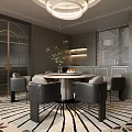 Modern Restaurant Interior With Round Dining Table Gray Chairs Geometric Rug And Chandelier