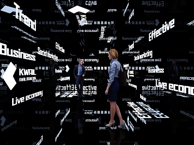 Elevator Hallway With Dynamic Digital Word Projections And People In Modern Business Space 3d model