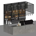Functional Coffee Counter with Black Mesh Shelves Urban Coffee Signage Gray Top and Coffee Machine