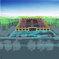 Grand Tiered Structure With Red Yellow Decor Surrounded by Trees Mountains Parking Lot People Activities