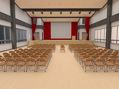 Spacious Assembly Hall Interior With Rows of Chairs Projection Screen and Red Curtains 3d model