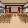 Spacious Assembly Hall Interior With Rows of Chairs Projection Screen and Red Curtains