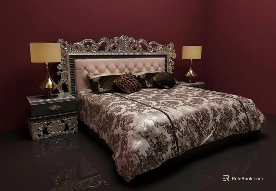 Gorgeous Double Bed With Ornate Headboard Maroon Wall Nightstands Table Lamps And Floral Bedding 3d model 