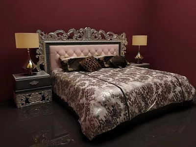 Gorgeous Double Bed With Ornate Headboard Maroon Wall Nightstands Table Lamps And Floral Bedding 3d model