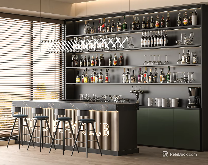 Modern Bar Interior With Counter Stools And Shelves Filled With Bottles And Glasses 3d model 