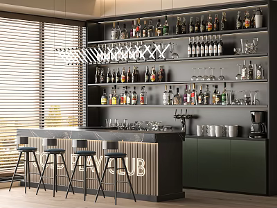 Modern Bar Interior With Counter Stools And Shelves Filled With Bottles And Glasses 3d model