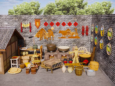 New Chinese-style Farm Tools Supplies Rural Small Objects Wine Altar Stove Farming Culture Landscape Wall 3d model