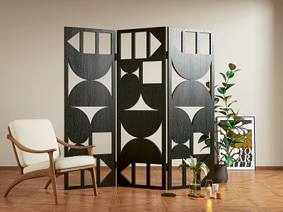 Black Geometric Laser Cut Room Divider in Modern Living Area with Chair and Plant 3d model