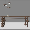 Wooden Dining Table With Spherical Legs And Three Pendant Lights Above Minimalist Decor