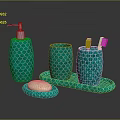 Modern Bathroom Interior With Green Fish Scale Pattern Accessories Soap Dispenser Toothbrush Holder And Tray