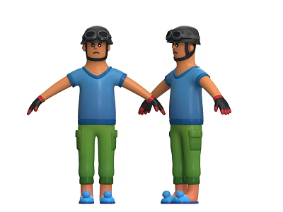 Two Men in Blue T-shirts Green Pants with Black Helmets Goggles and Red Black Gloves 3d model