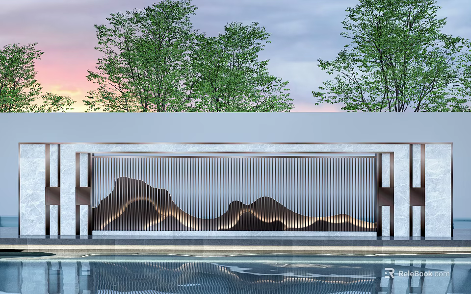 Modern Feature Wall Design With Mountain Shaped Metal Lines Water Pool And Green Trees 3d model 
