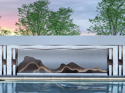 Modern Feature Wall Design With Mountain Shaped Metal Lines Water Pool And Green Trees 3d model