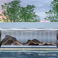 Modern Feature Wall Design With Mountain Shaped Metal Lines Water Pool And Green Trees