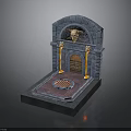 Dark Fantasy Stone Gate Scene Component With Arched Top Skull Decoration Wooden Door And Torches