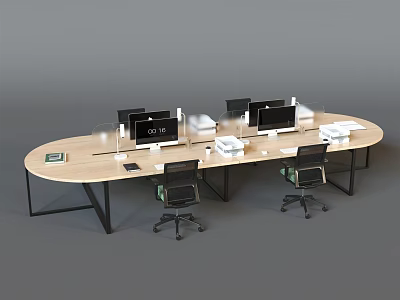 Modern Oval Office Desk With Light Wood Top Black Metal Legs Computer Monitors Office Chairs 3d model