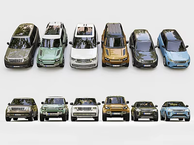 Multiple Colorful SUV Cars In Different Styles Arranged In Rows Showcase Collection 3d model