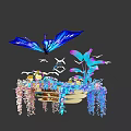 Vibrant Floral Display Featuring Blue Butterfly And White Birds