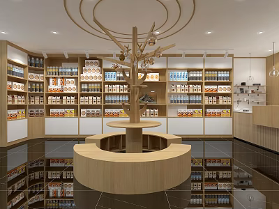 Modern Shopping Mall Store Interior With Wooden Shelves Central Circular Structure And Mirrored Floor 3d model
