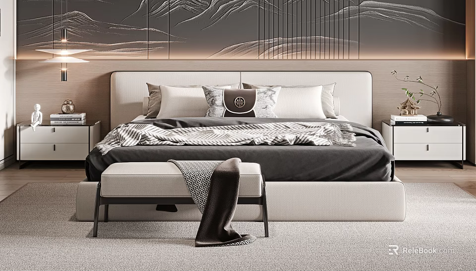 Modern Double Bed With Upholstered Headboard Decorative Pillows Bench And Wavy Line Wall Design 3d model 