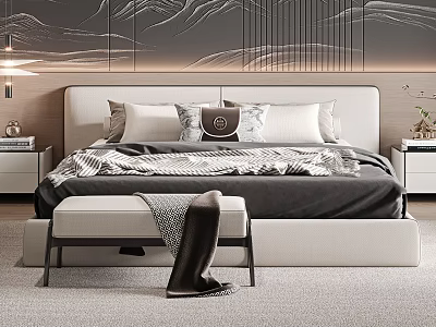 Modern Double Bed With Upholstered Headboard Decorative Pillows Bench And Wavy Line Wall Design 3d model