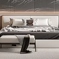 Modern Double Bed With Upholstered Headboard Decorative Pillows Bench And Wavy Line Wall Design