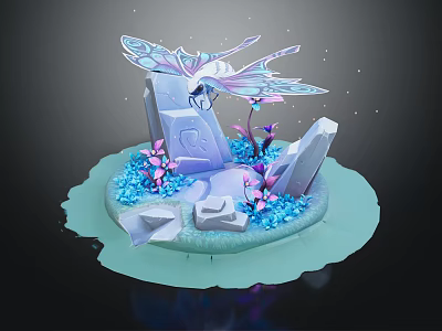 Cartoon Fantasy Scene With Purple Butterfly Stone Flowers And Small Island 3d model