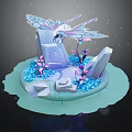 Cartoon Fantasy Scene With Purple Butterfly Stone Flowers And Small Island