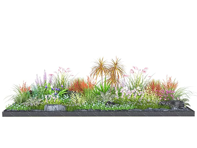 Colorful Flower Bed With Various Plants Green Foliage And Decorative Stones 3d model