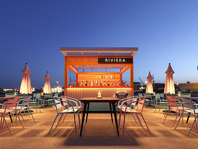 Outdoor Riviera Bar With Tables Chairs And Umbrellas Evening Atmosphere 3d model