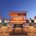 Outdoor Riviera Bar With Tables Chairs And Umbrellas Evening Atmosphere