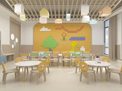 School Classroom With Yellow Wall Building Block Patterns Tree Cartoon Character And Tables Chairs 3d model