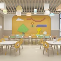 School Classroom With Yellow Wall Building Block Patterns Tree Cartoon Character And Tables Chairs