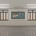 Office Corridor Featuring Ceiling Lights Side Windows Wall Mounted Bulletin Board Colorful Patterns Gray Floor 3d model