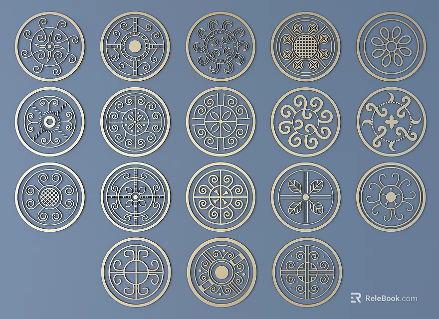 Intricate Circular Carvings with Various Floral and Geometric Patterns on Metallic Surfaces Against Blue Background 3d model 