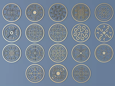 Intricate Circular Carvings with Various Floral and Geometric Patterns on Metallic Surfaces Against Blue Background 3d model