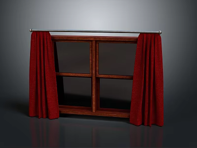 Elegant Wooden Window With Red Curtains And Double Glass Panes Design 3d model