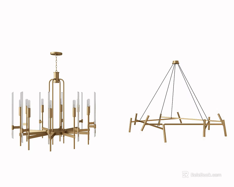 Stylish Golden Chandeliers With Multiple Candle Lights And Geometric Frame Structures Design 3d model